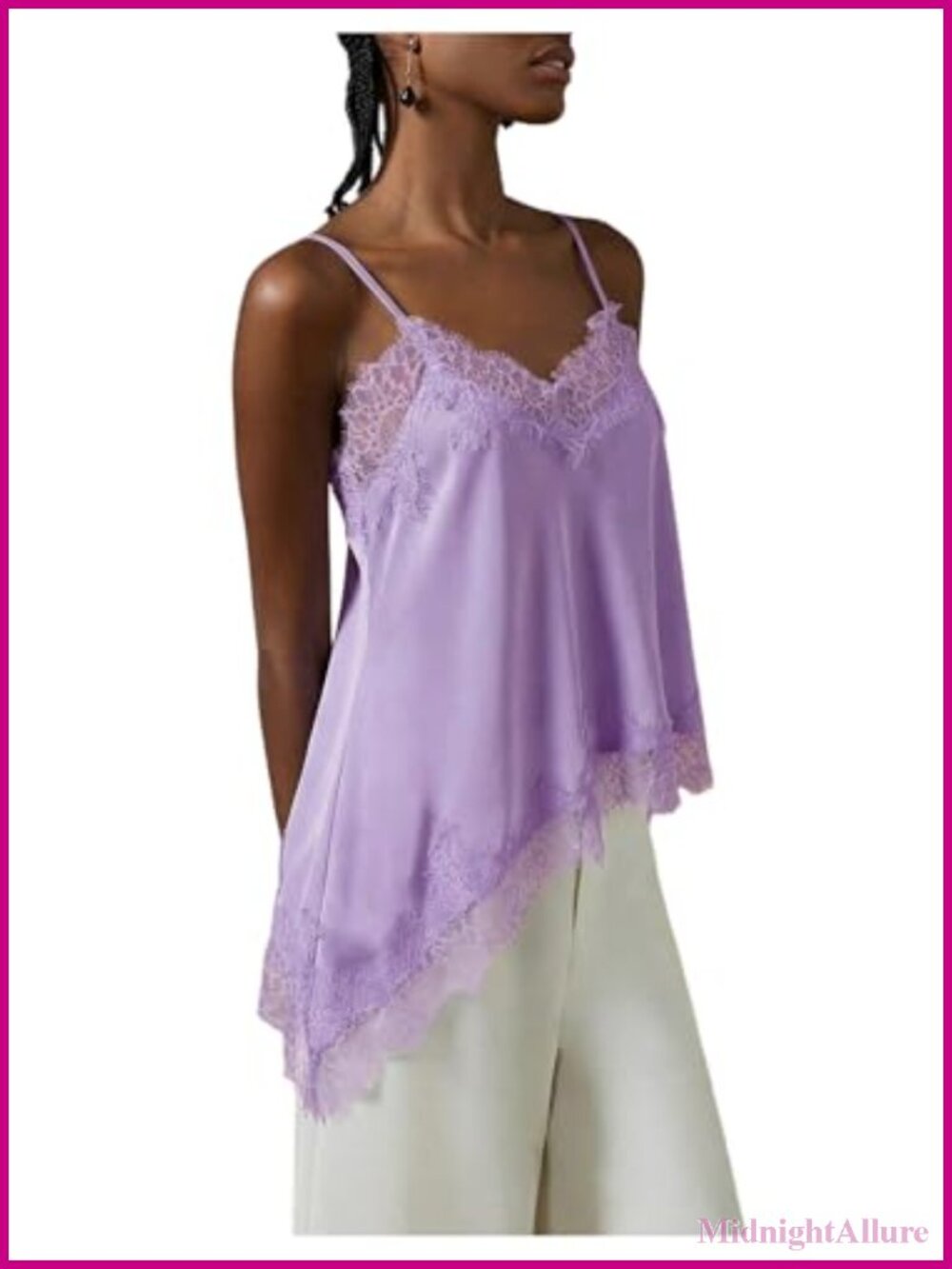 Lace Trim Satin Spaghetti Strap Camisole Asymmetrical Sleeveless Backless Top